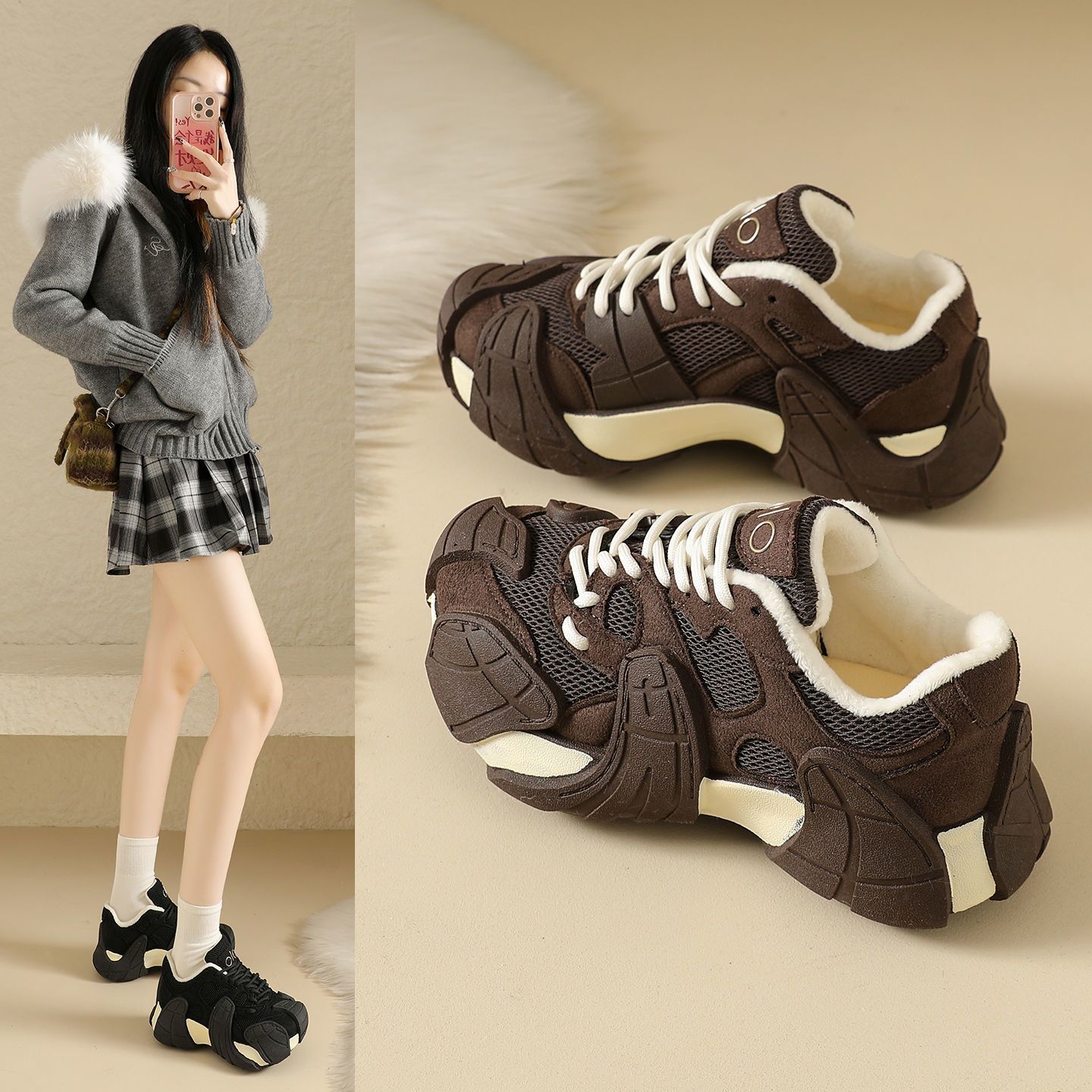 新款厚底增高二棉运动休闲鞋潮流加绒八爪鱼老爹鞋冬季棉鞋女M888