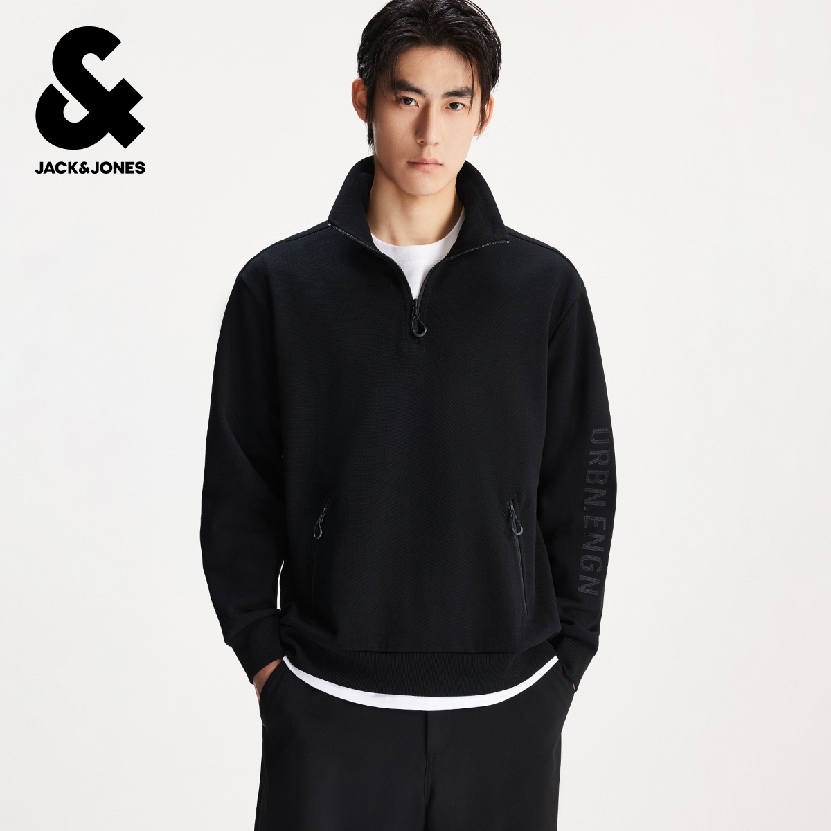 重复杰克琼斯男装秋季时尚百搭潮流宽松立领拉链门襟字母刺绣卫衣