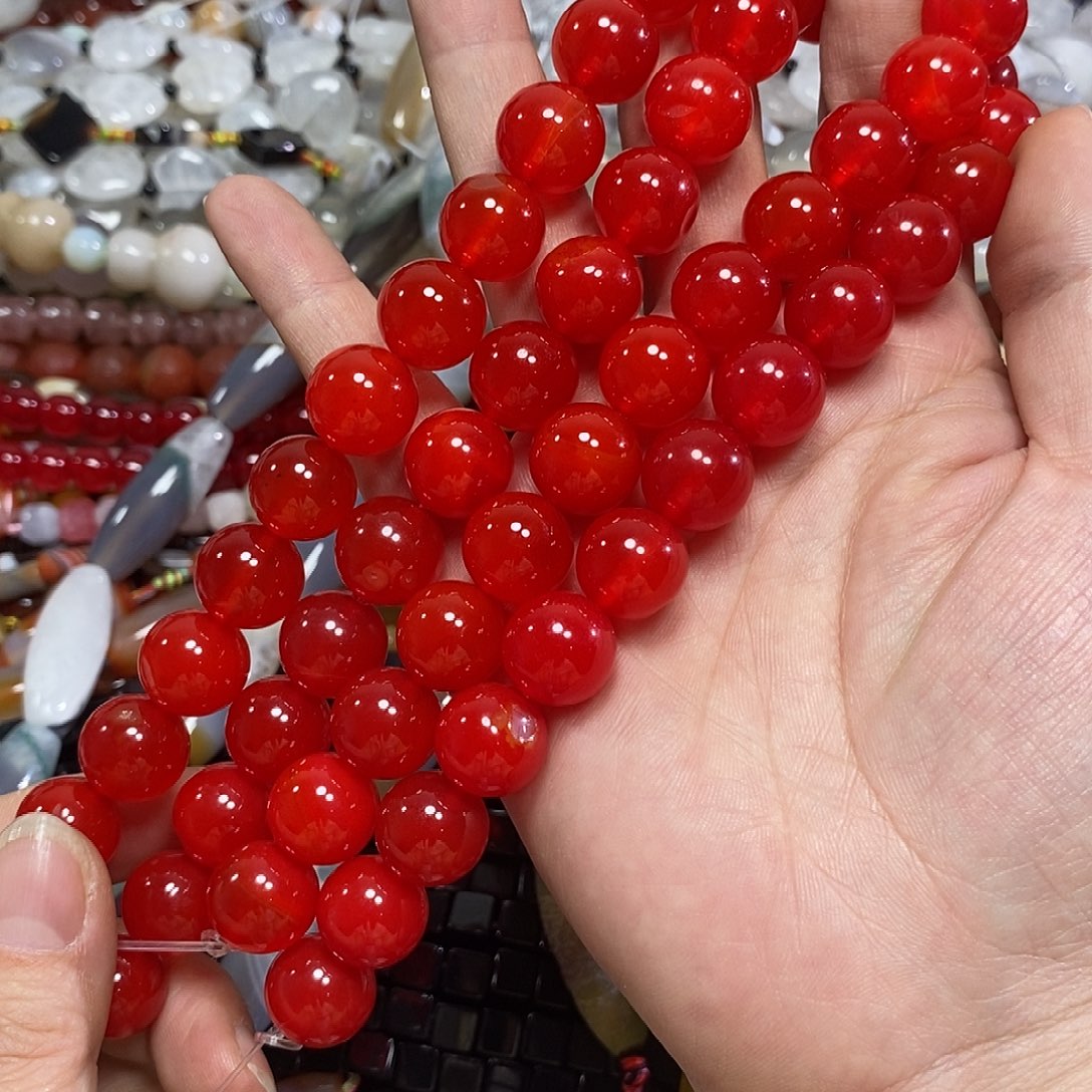 玛瑙/玉髓未镶嵌珠宝半成品鸽血红玛瑙圆珠一条卡14mm