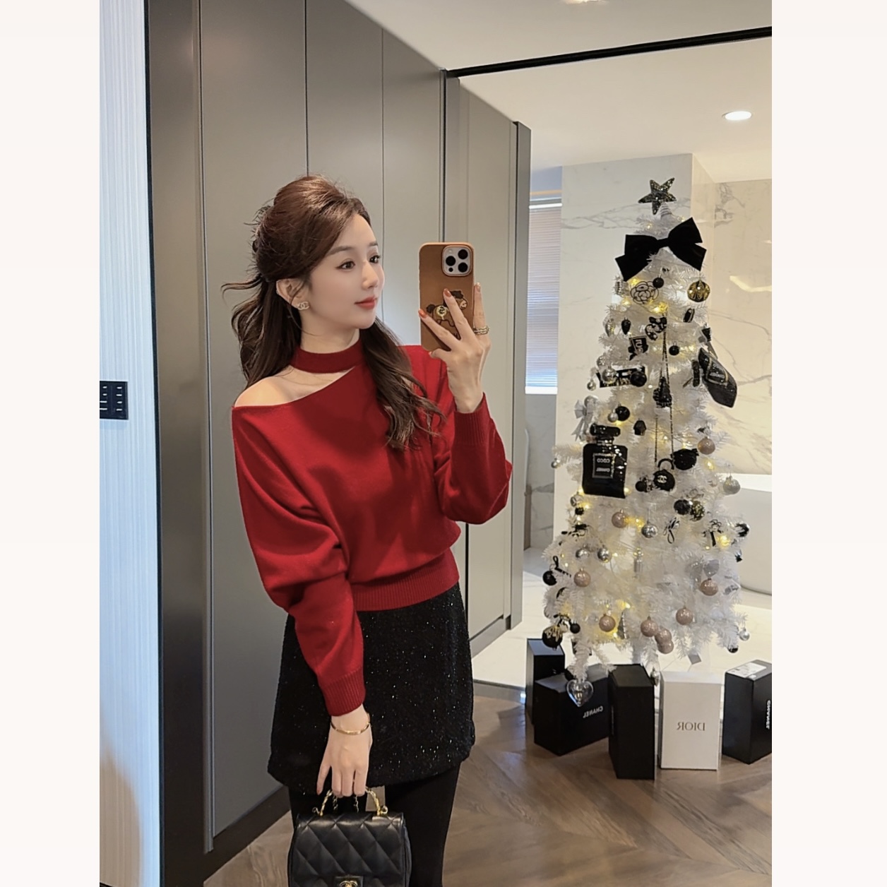 【大静静】“圣诞美人”韩系挂脖斜肩软糯羊绒羊毛毛衣