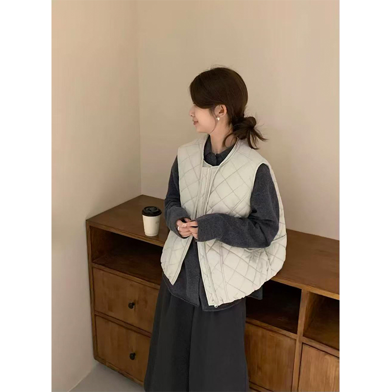 【丹姐家~菱形格马甲】圆领无袖拉链短款马甲女纯色上衣女潮