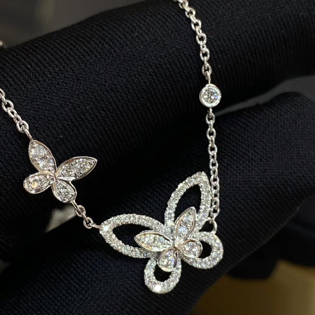 18k白金色满钻双蝴蝶项链镶嵌天然南非钻石项链