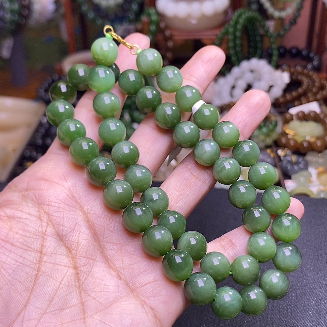 和田玉未镶嵌颈饰粉青碧玉猫眼项链约10MM18.K金