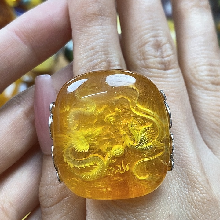 琥珀戒指银S925镶嵌戒指
