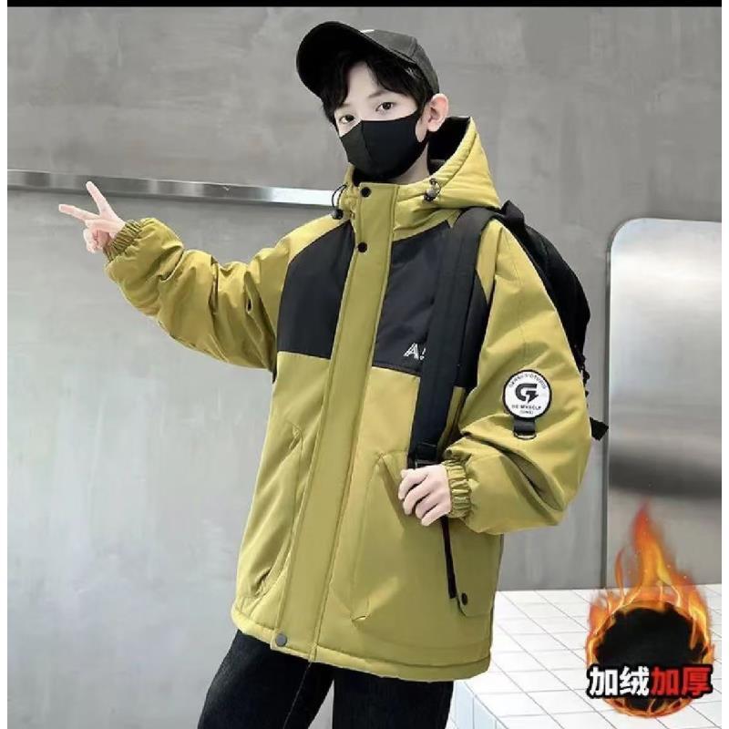 201255童装男童洋气棉衣2025冬潮酷时尚防兔毛加绒加棉服连帽外套