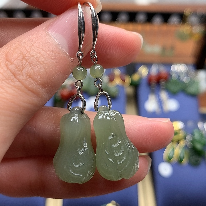 和田玉银S925镶嵌耳饰白菜22左右晴水绿