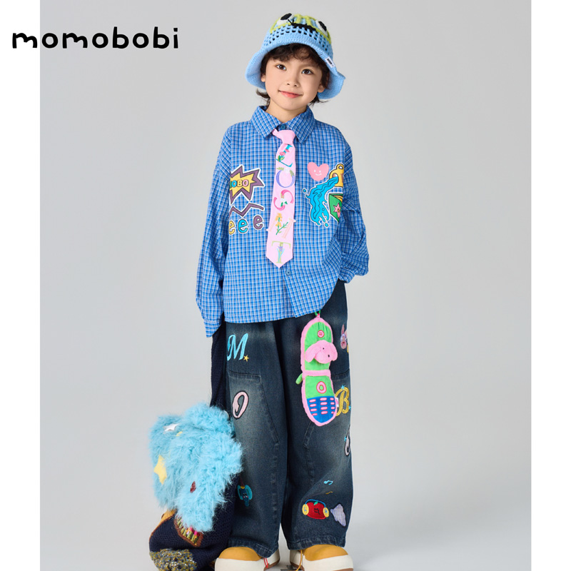 momobobi自制新款儿童衬衫韩个性格子百搭青少年衬衣贴布字母上衣