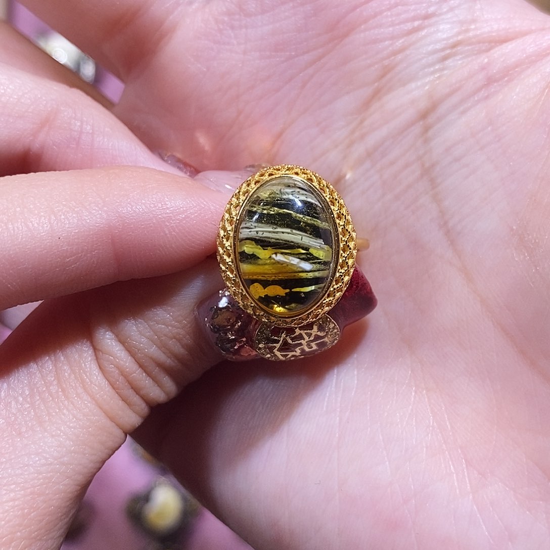 琥珀戒指银S925镀金镶嵌E****Y戒指