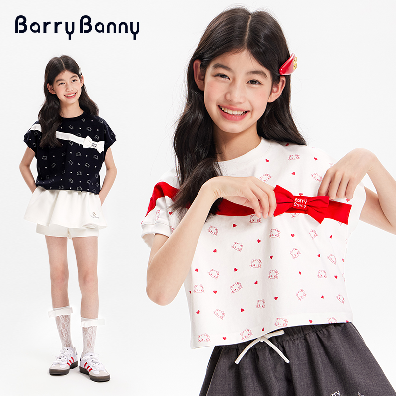 BarryBanny女童短袖2025夏季新款儿童上衣女孩卡通爱心蝴蝶结T恤