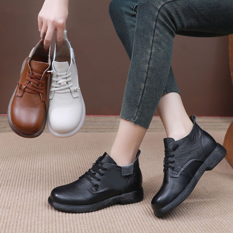 头层牛皮软底软面舒适百搭一脚蹬短靴单靴春秋新款平底妈妈鞋