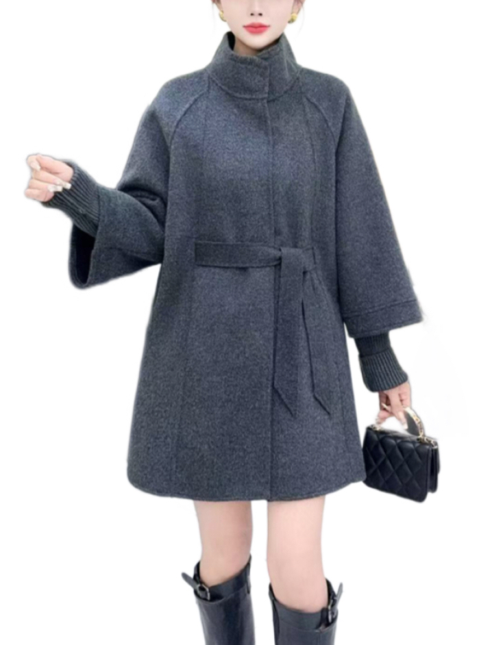 抽绳双面中长款大衣女立领慵懒风外套套潮