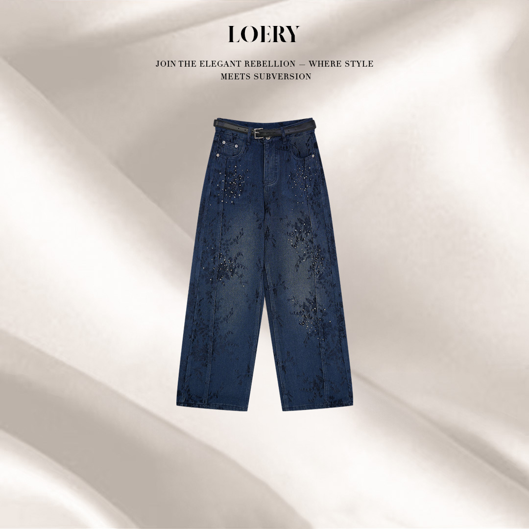 LOERY【刺绣牛仔编号38】新中式高端刺绣钉珠提花加绒牛仔裤-13230