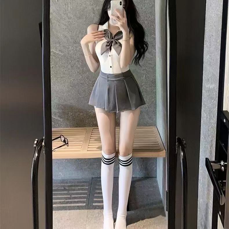 网红甜美诱惑纯欲风制服辣妹连体衣学院超短百褶裙情侣战袍纯欲