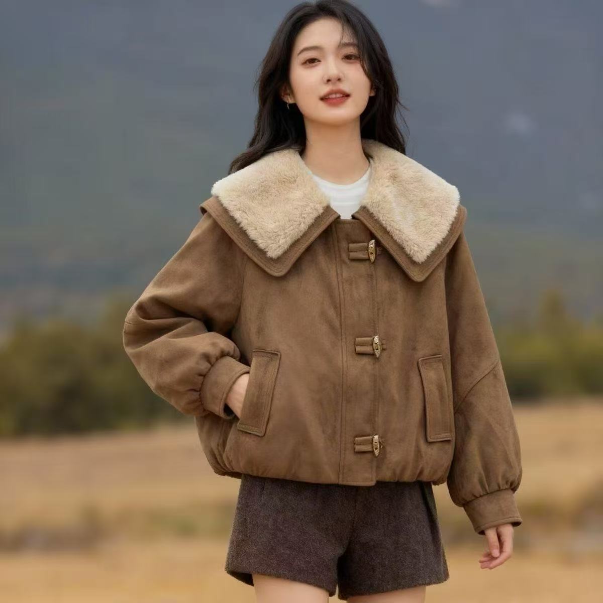 设计感翻领麂皮绒夹棉外套棉服女2025秋冬新款时尚百搭气质短款