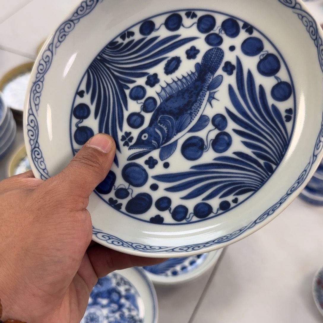 摆件陶青花鱼藻纹大壶承