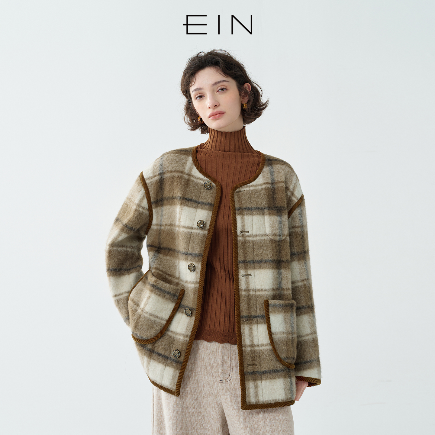 EIN/言复古格子呢绵羊毛灯芯绒包边设计中长大衣2025早秋新款