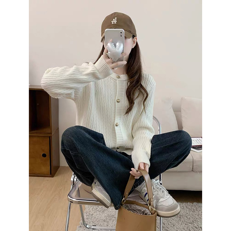 【米白色】开衫外套3683超柔软高品质圆领针织上衣