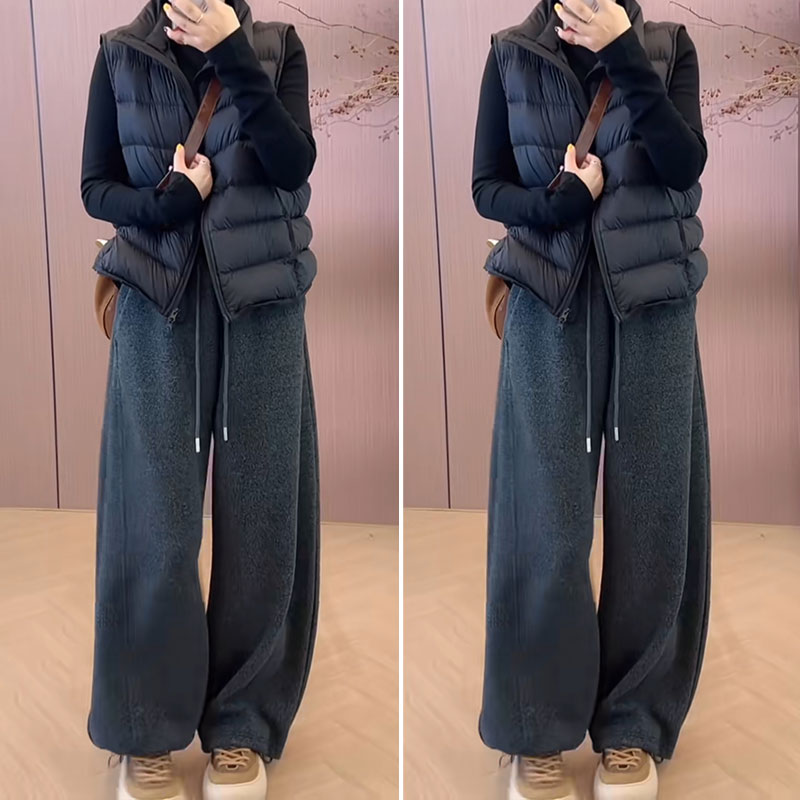 羊毛呢弯刀裤女秋冬季2025新款松紧腰休闲运动卫裤加绒香蕉裤子