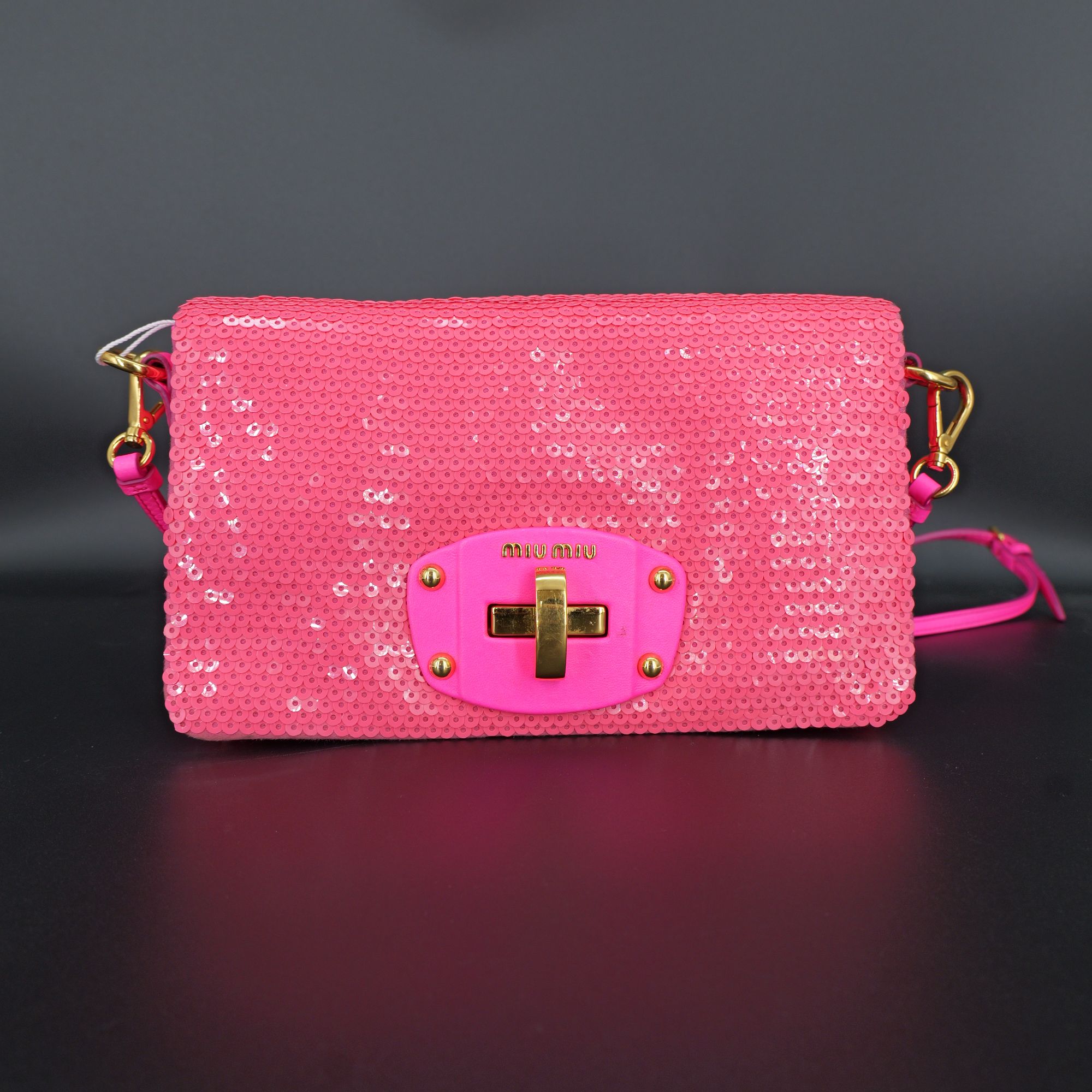 95新 MIU MIU/缪缪 miumiu 缪缪亮片单肩斜挎包玫红色221