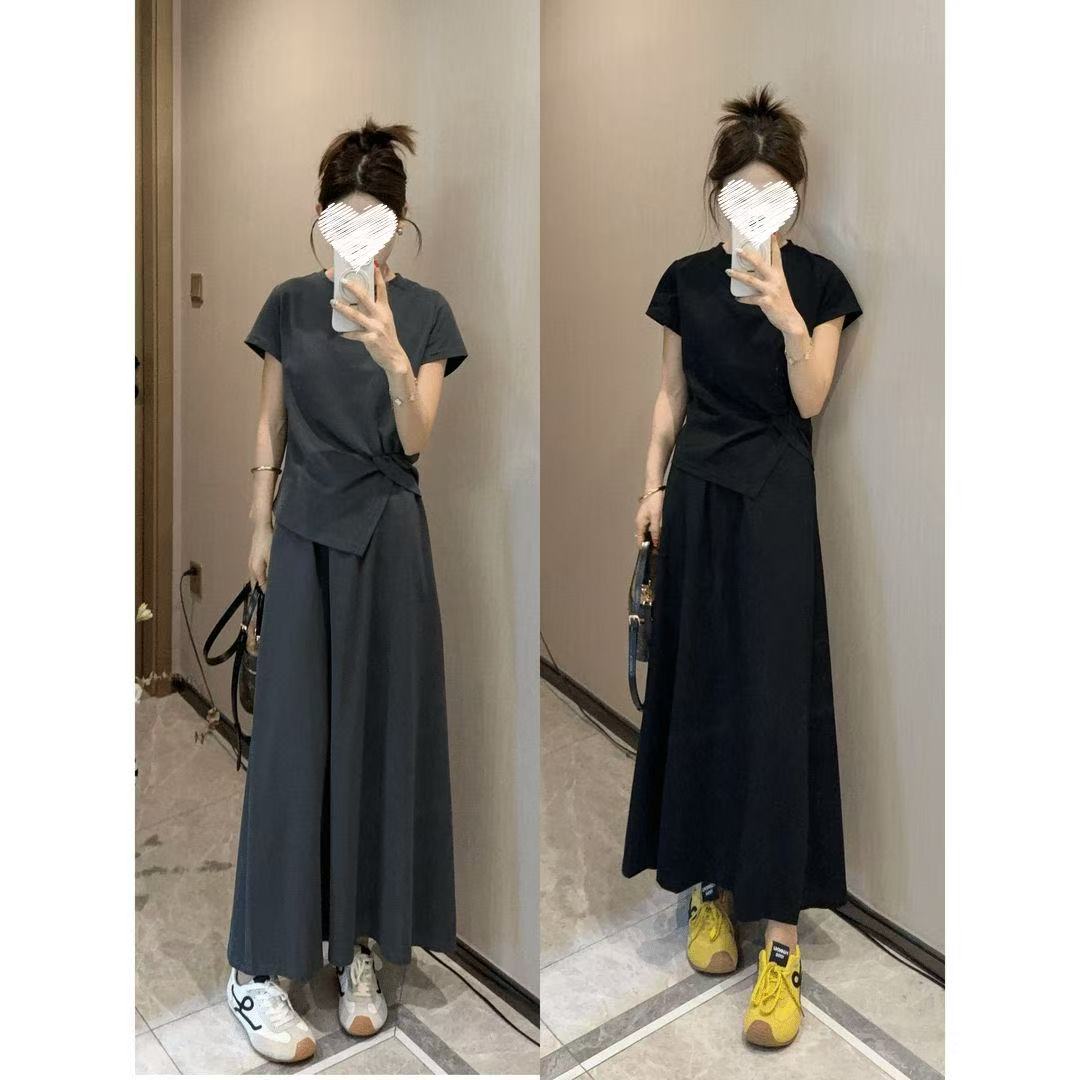 日常通勤休闲纯色套装女士夏季新款时尚气质圆领上衣半身裙两件套