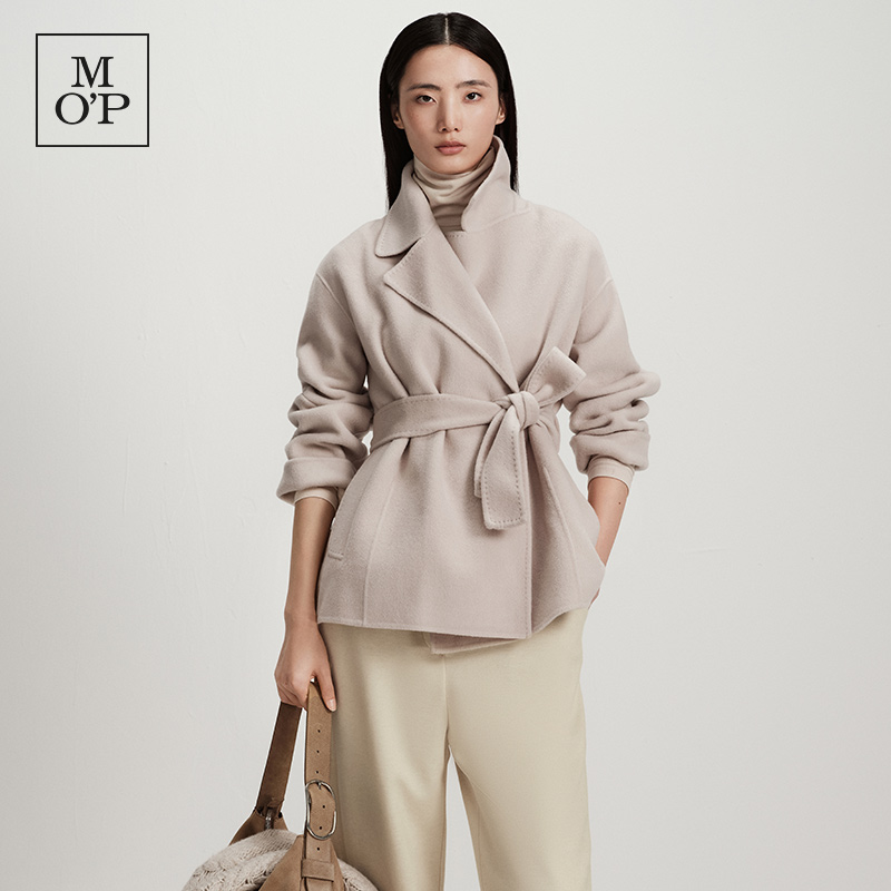 Marc O'Polo/MOP秋冬翻领短款羊毛大衣时尚气质系带女士毛呢大衣