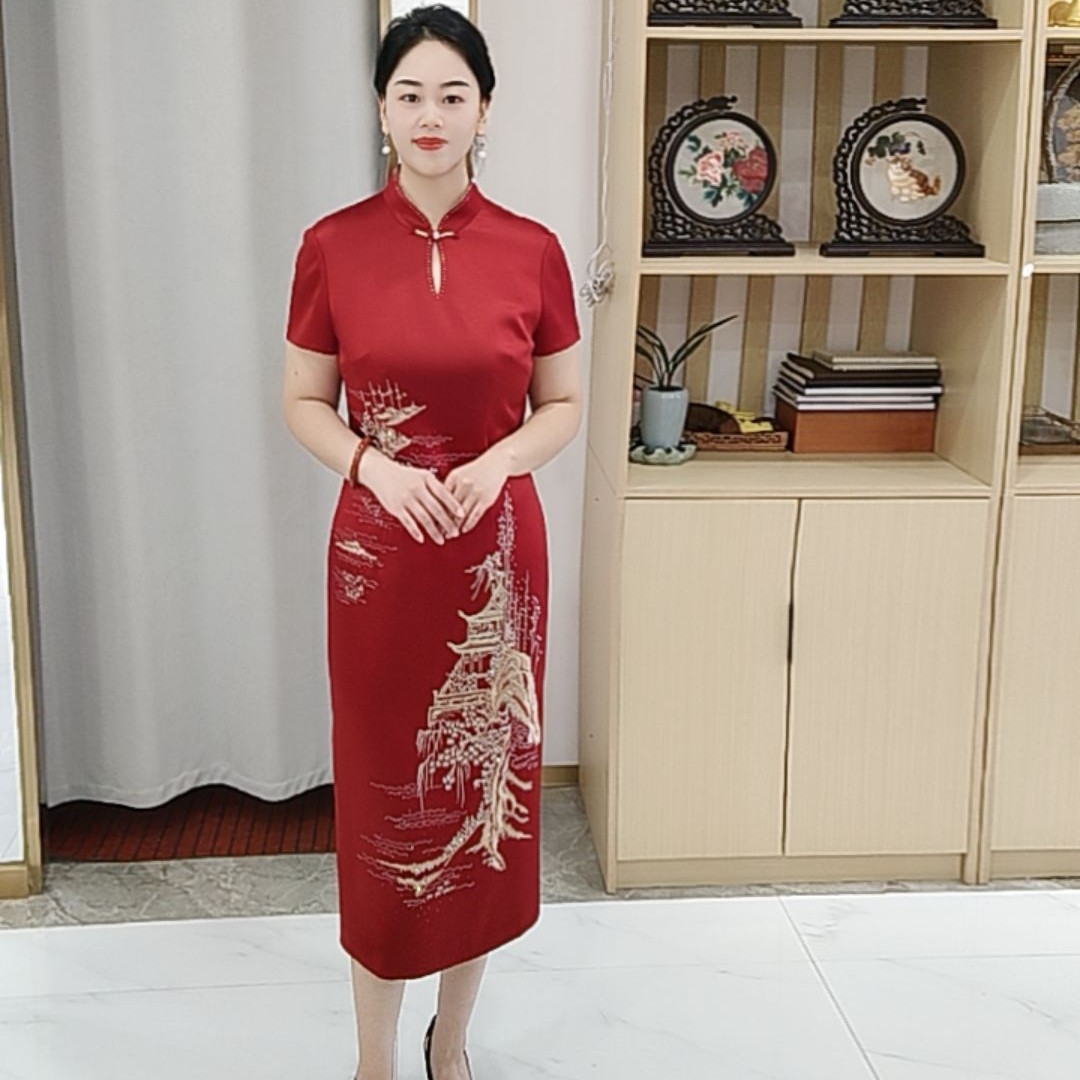 朱紫褕17735水滴领刺绣中式旗袍喜婆婆喜妈妈婚宴礼服