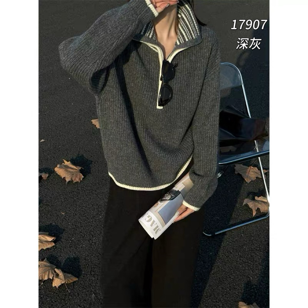 17907（部分无水洗唛介意慎拍）WANGDAN撞色条纹半拉链针织衫