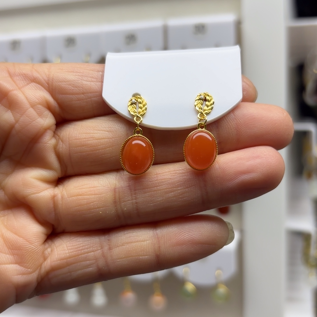 南红玛瑙银S925镶嵌耳饰