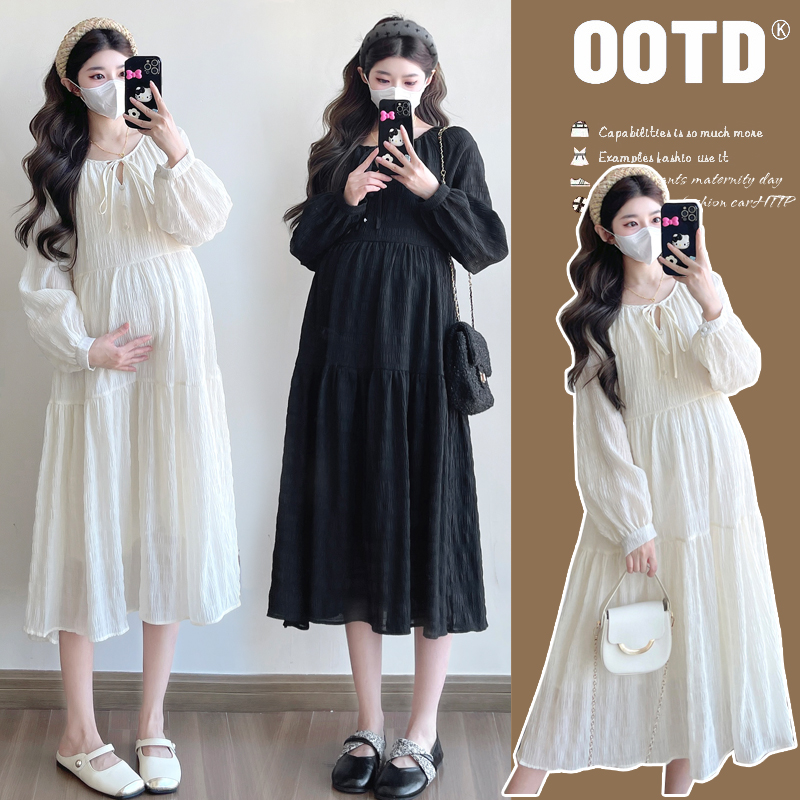 xixi~2025春季新款韩版气质领口镂空中长款大码孕妇连衣裙
