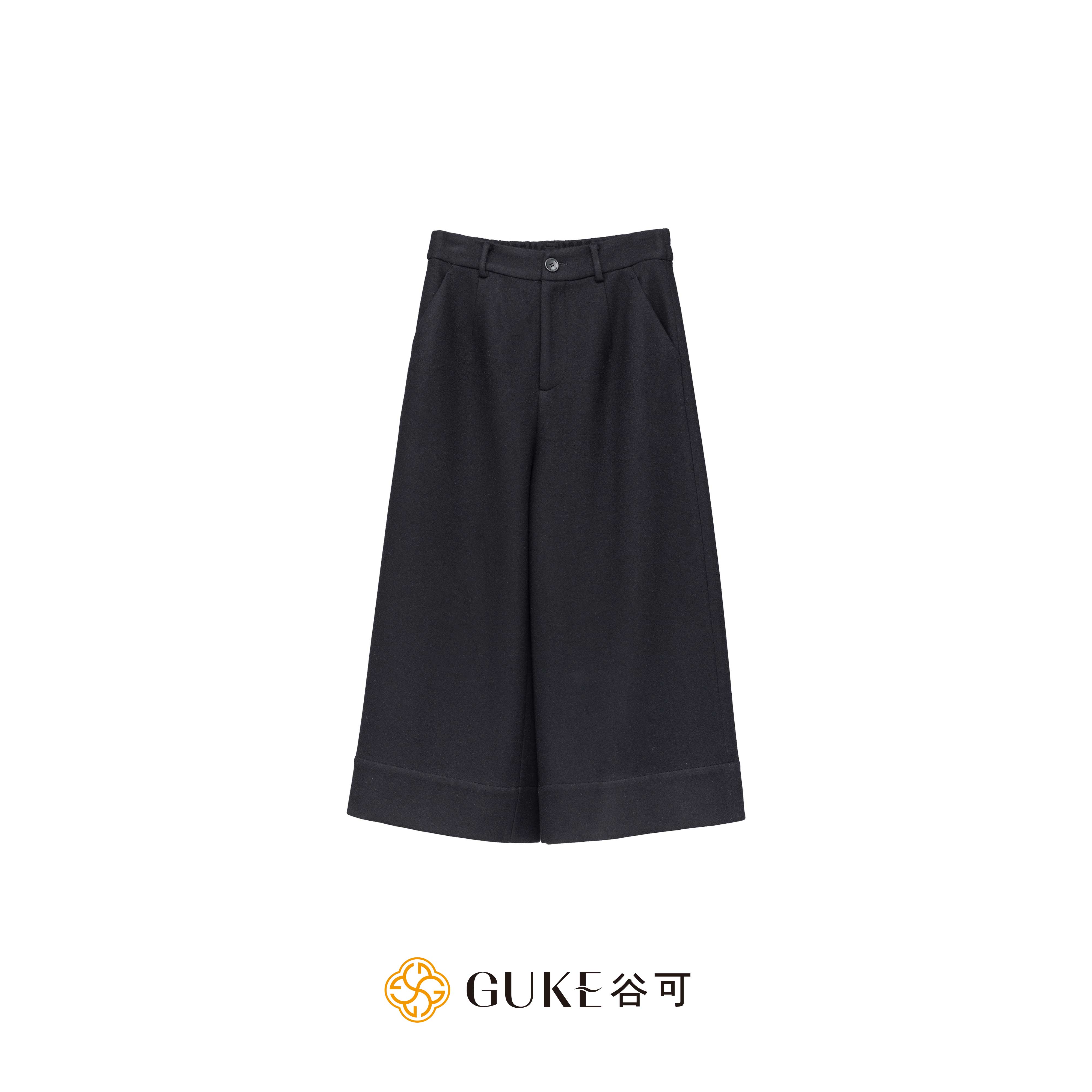 GKE/谷可K1057  秋冬款时髦简约休闲裤女黑色设计师款八分阔腿裤