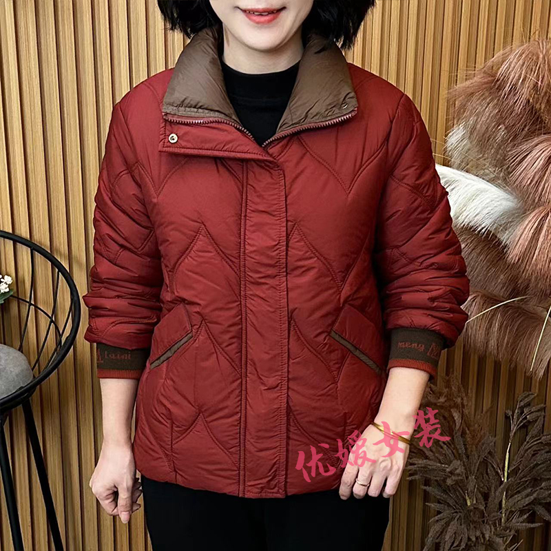 妈妈装时尚冬季撞色翻领保暖棉衣宽松显瘦休闲百搭中老年女装外套