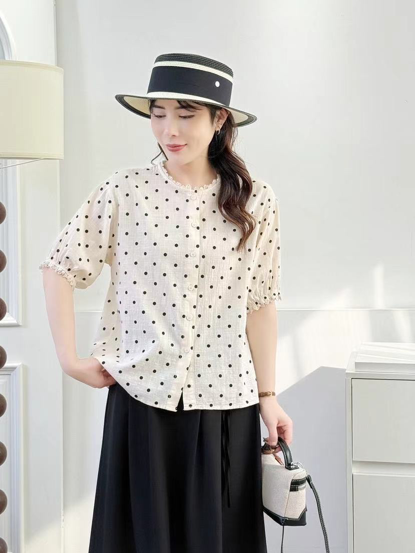99002 韩系波点花边短袖衬衫