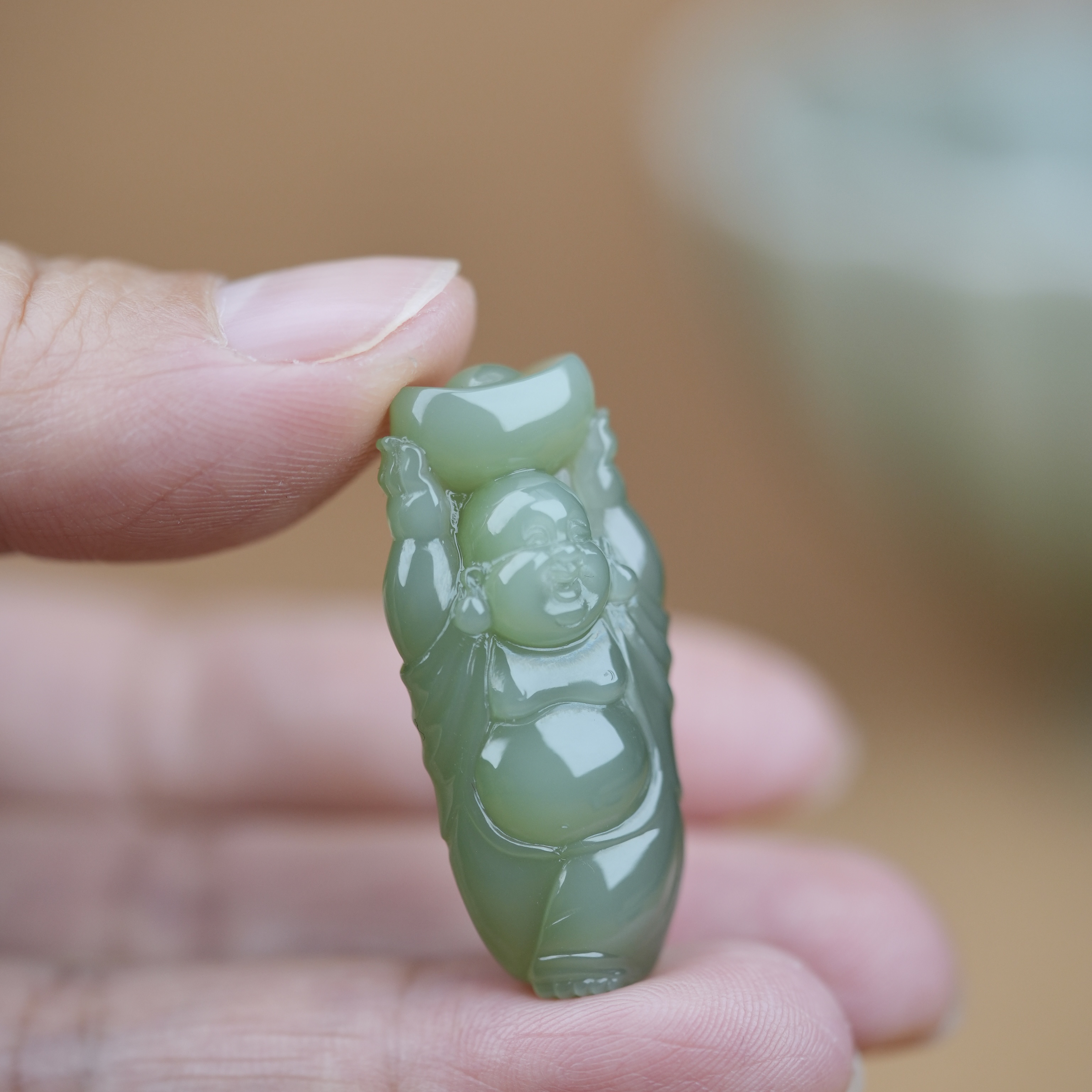 冰底起荧光站佛粉青弥勒佛吊坠女款玉石大肚笑佛公挂件轻奢