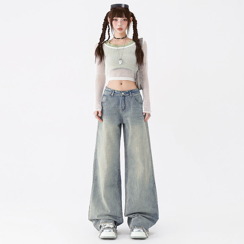 2025超火的裤子毛边阔腿牛仔裤女高腰宽松显瘦垂感直筒拖地长裤子