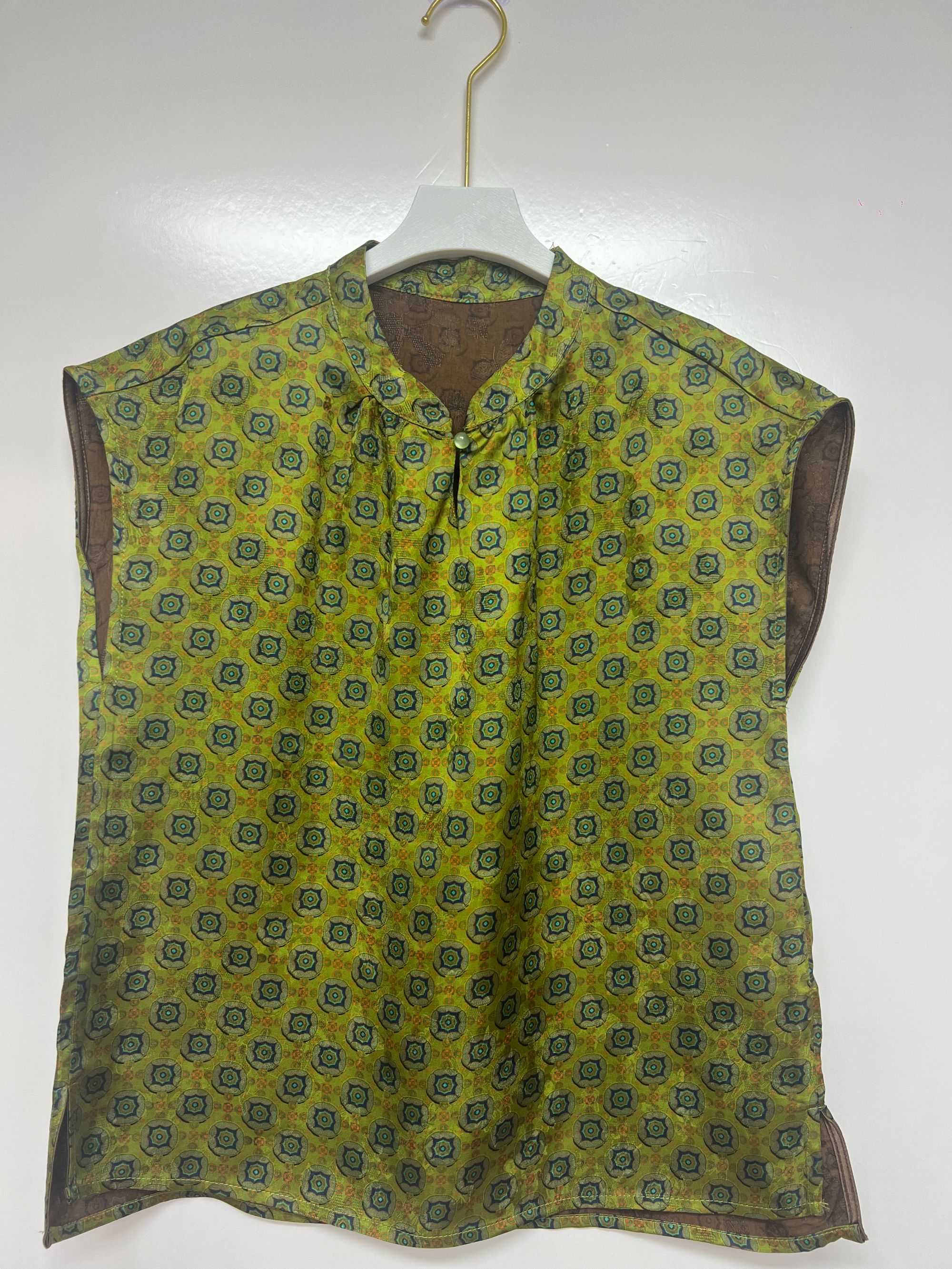 【8169】如意铜钱——国风香云纱新中式复古提花立领短袖上衣黄色绿色