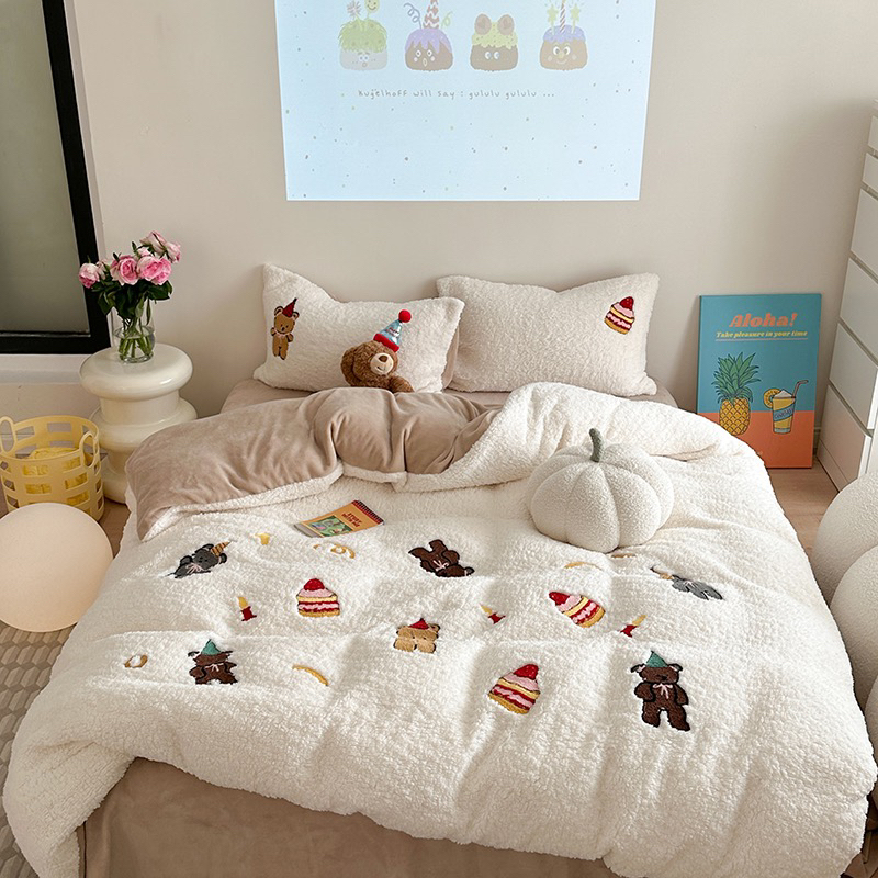 梦悦｜熊仔派对  卡通可爱三件套冬季加厚羊羔绒牛奶绒四件套