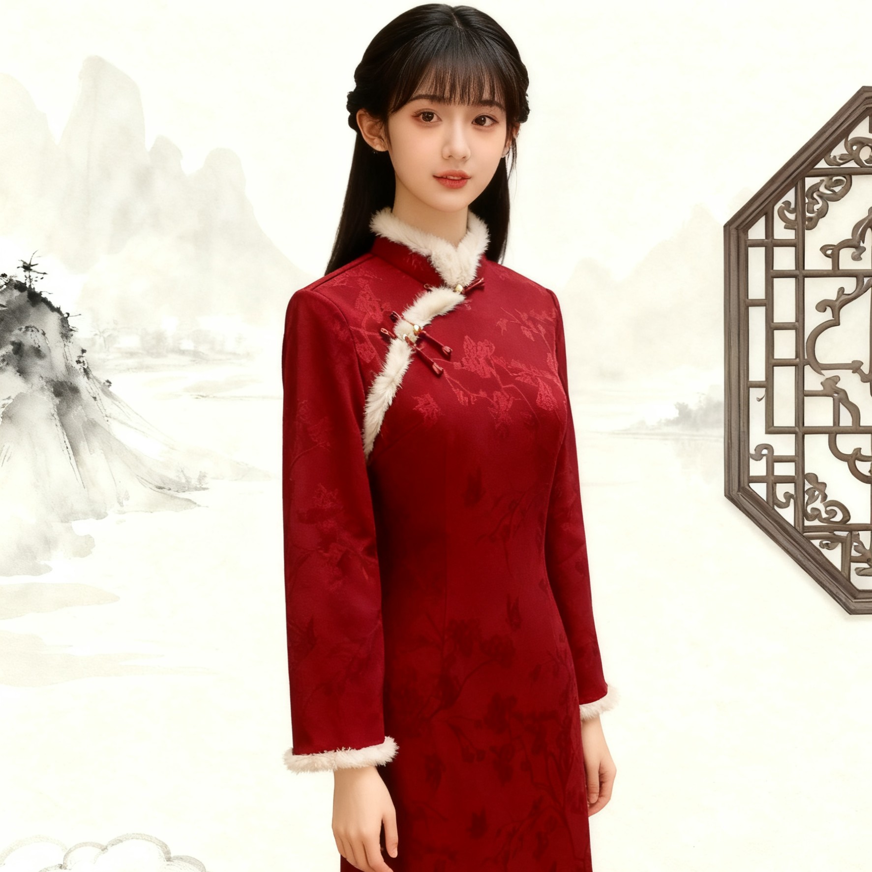 （禧悦）长度110弹力加绒旗袍年轻订婚百日周宴中国风低开叉