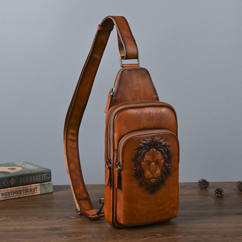 【米鹿皮具】男士头层牛皮斜挎胸包（12059）尺寸长16底7高35复古休闲