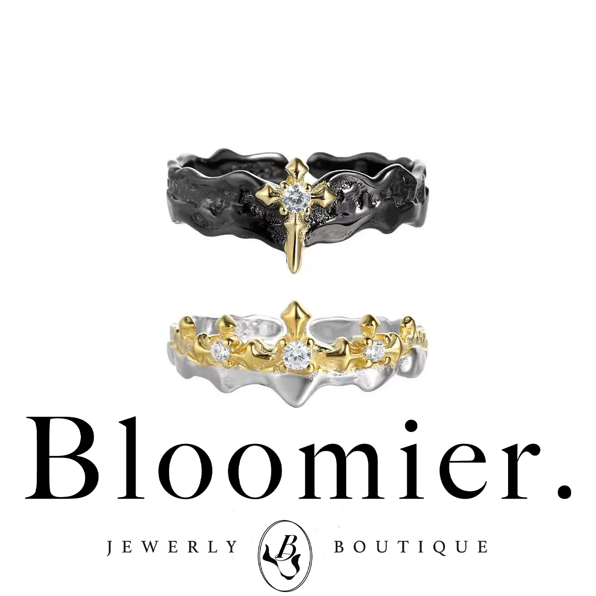 925银戒指 【Bloomier】S925纯银 月漫星河十字架闪钻男女情侣对戒 