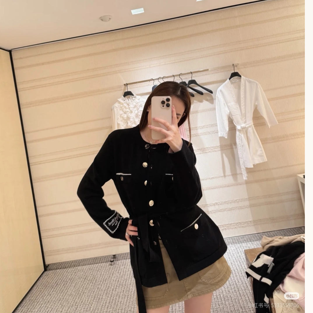 SANSIS 香香子 拼色刺绣腰带针织外套