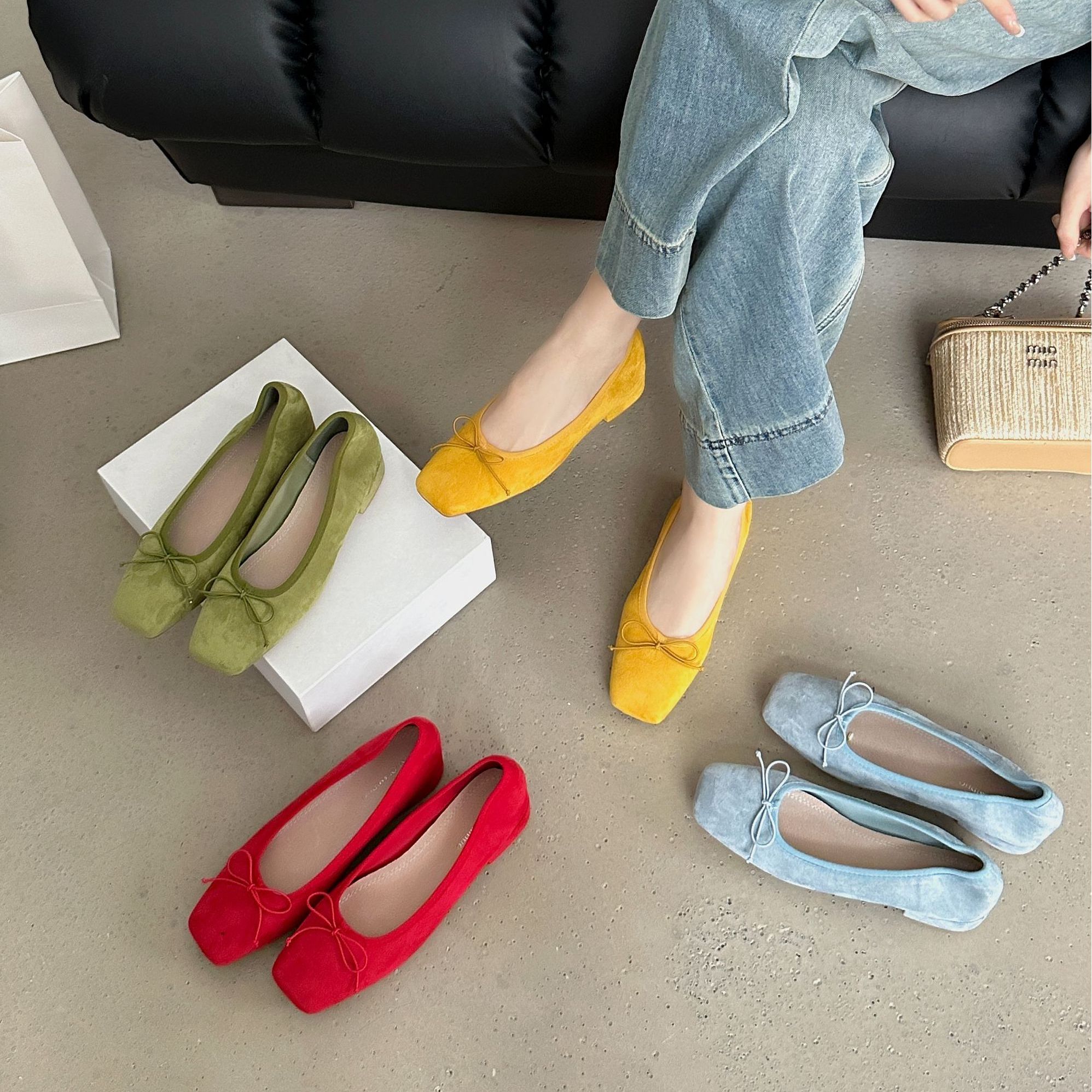 欧若风芭蕾舞鞋女软底软面粗跟单鞋百搭舒适浅口方头奶奶鞋单鞋女