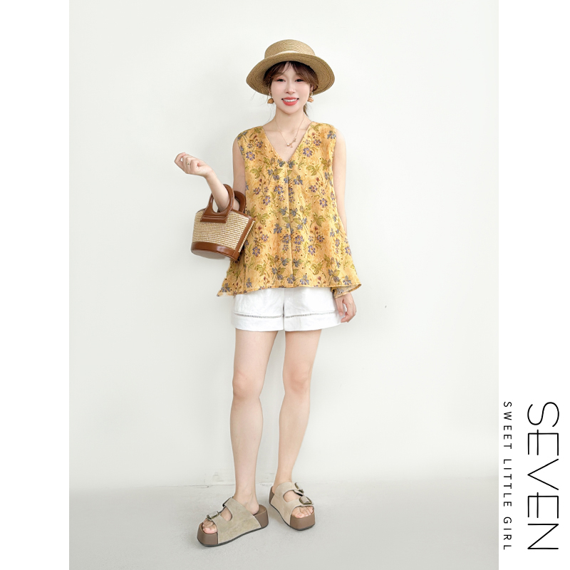 154花间小衫⑧七七146小个子法式碎花小众无袖背心衬衫女夏小美说