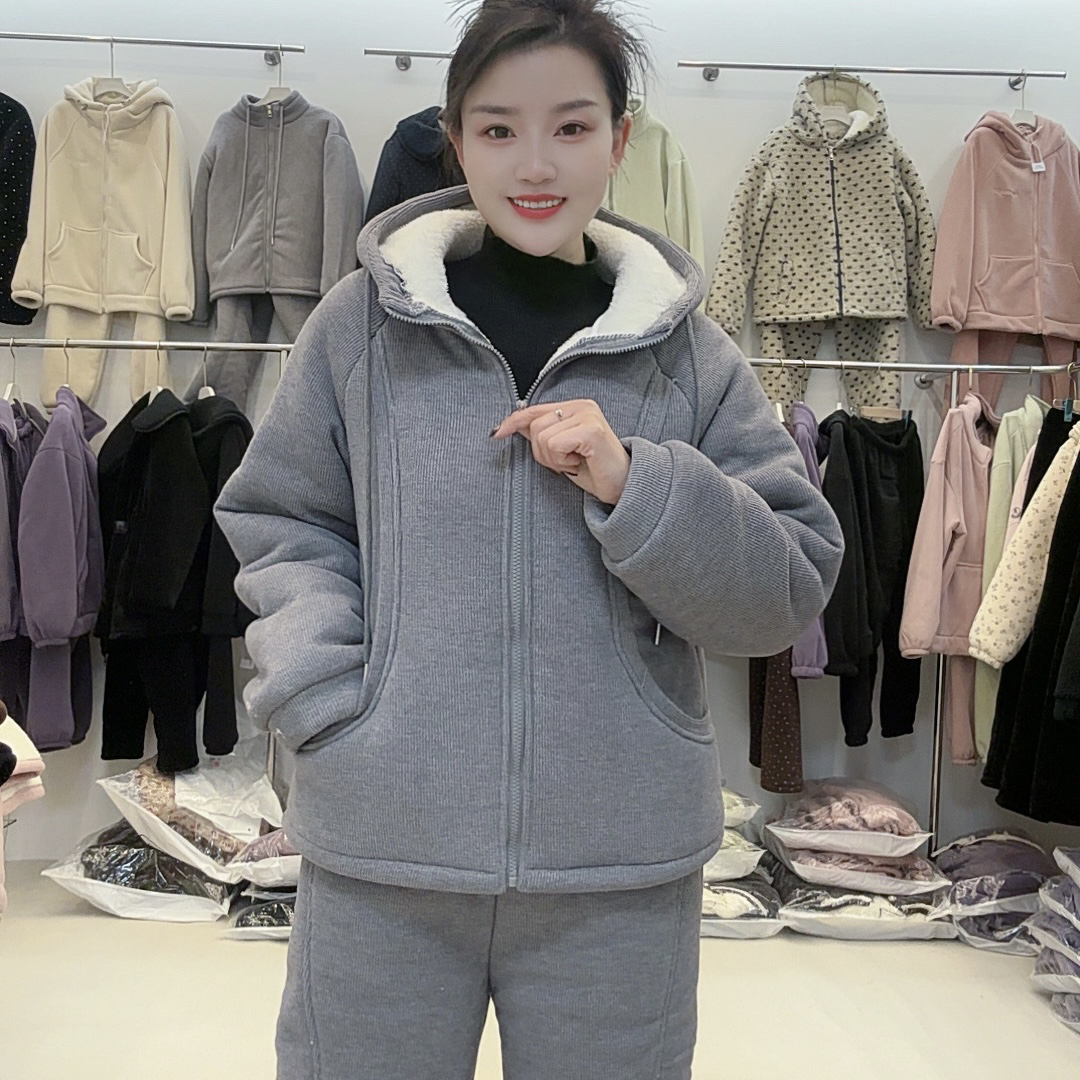 连帽三层夹棉加厚冬季保暖可外穿休闲家居服套装女士时尚加绒冬款