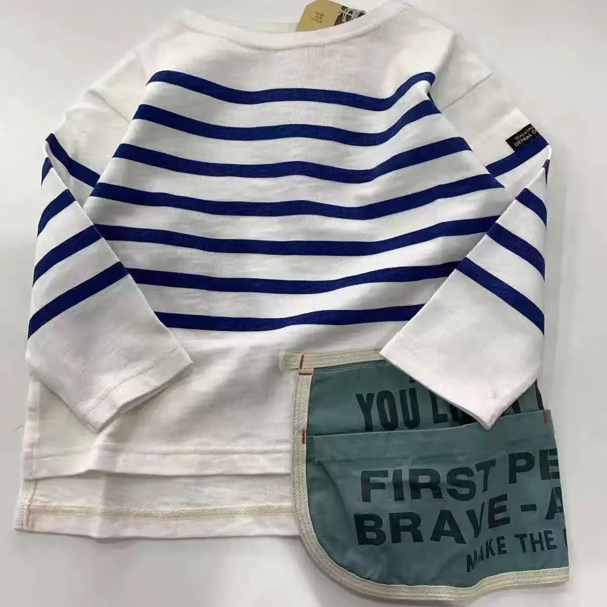 【福宝宝微瑕品】日系男女宝宝蓝色条纹大口袋打底衫