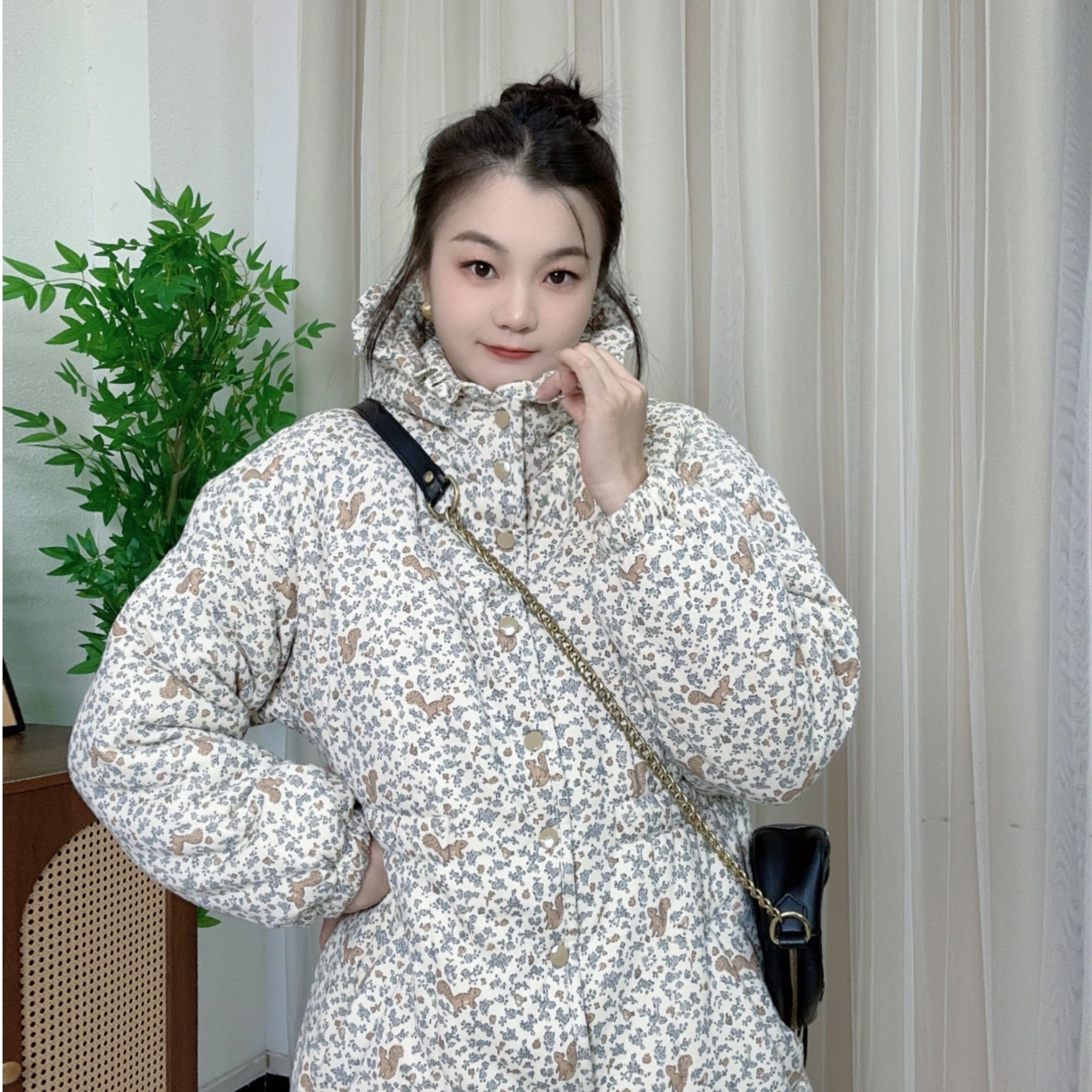 【可爱松鼠】收腰花边帽中长款新疆棉花衣家居服保暖棉衣棉服连帽冬
