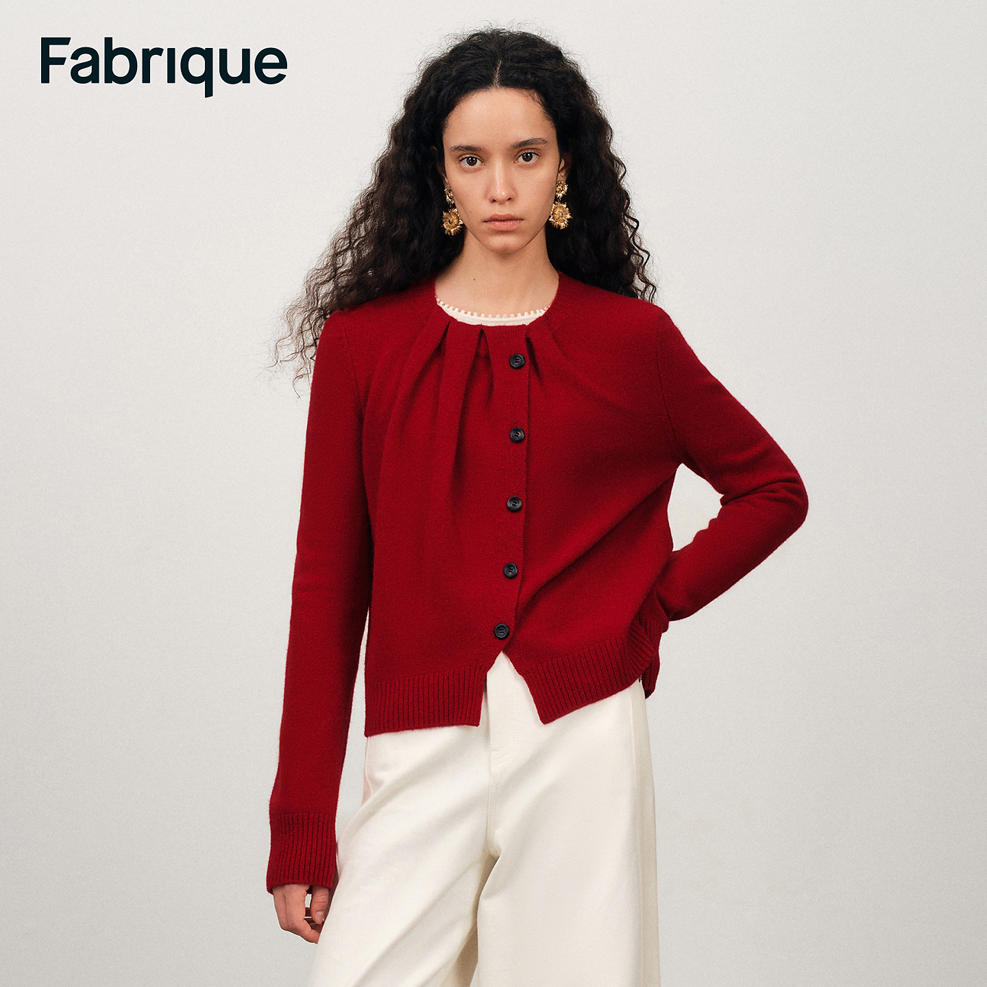 Fabrique Cecilia 番茄红绵羊毛不对称褶皱圆领针织毛衣