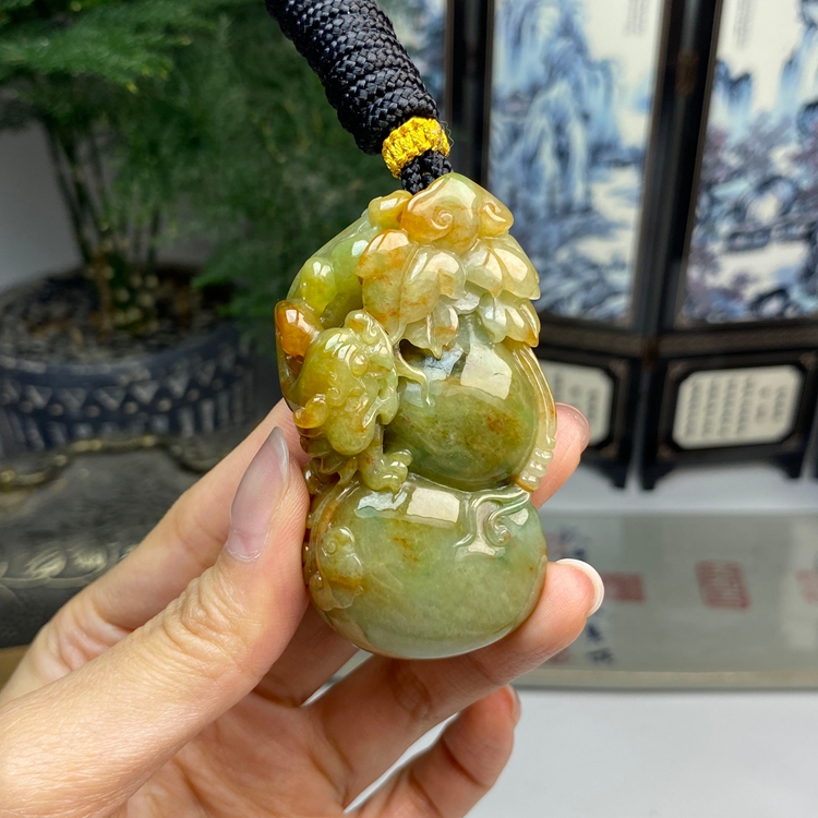 老料红加绿洒金草龙福禄葫芦挂件 天然翡翠A货