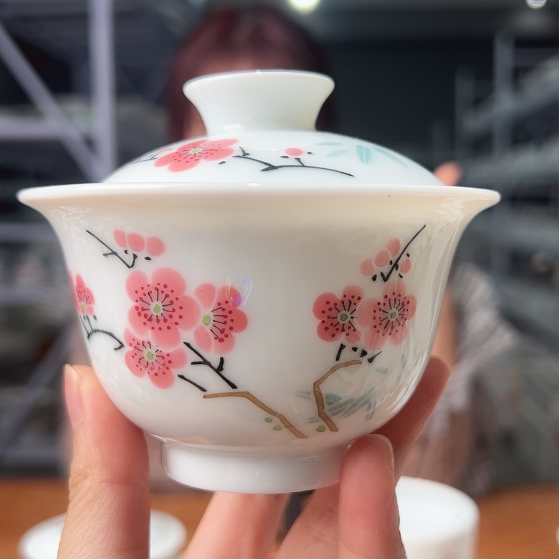 玉泥 翠竹红梅两才盖碗