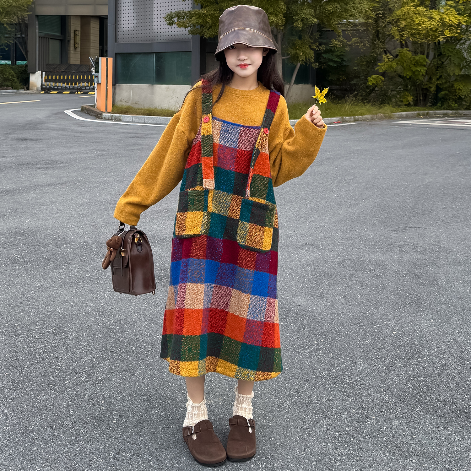 【羊毛呢子】儿童裙子女2025新冬季女童格子背带裙洋气中大童吊带裙