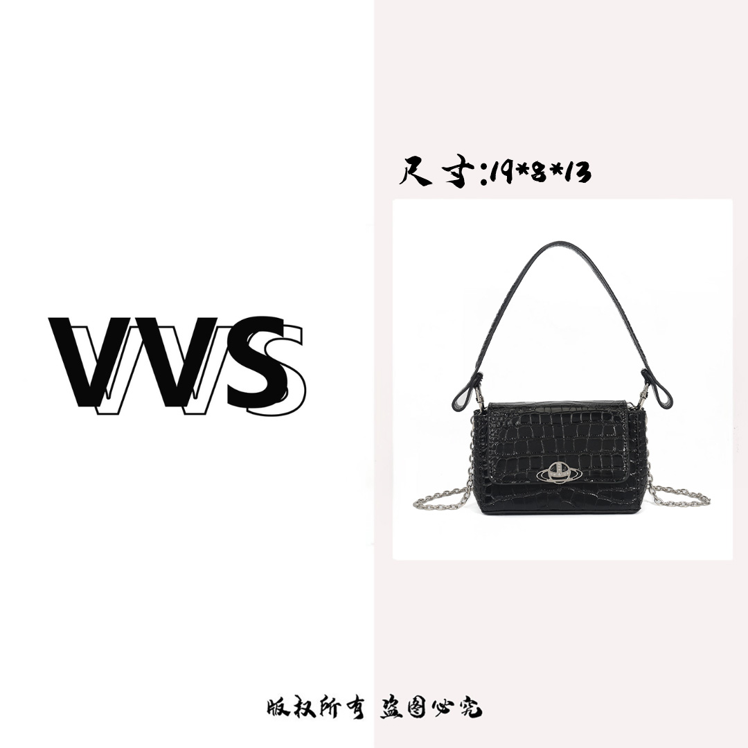 【VV专属】夏季新款鳄鱼纹单肩斜挎手提链条女包MK-01黑